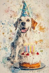 Wall Mural - Dog with Party Hat and Birthday Cake