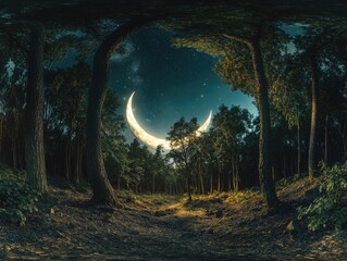 Wall Mural - path in woods with crescent moon