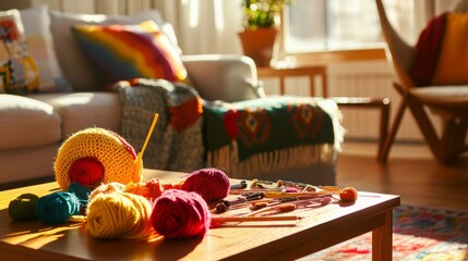 Poster - An elaborate crochet station in a sunlit living room, Yarn and crochet hooks neatly placed on a coffee table, Minimalist craft style