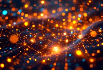 Poster - Glowing orange and blue digital network with light particles. Abstract technology background with bokeh effect. Futuristic connection pattern for tech presentation with space