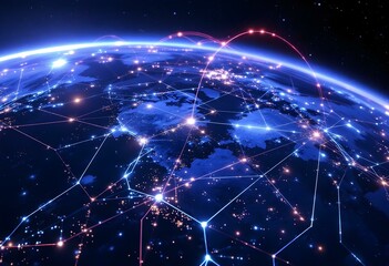 Poster - Global digital network over Earth planet surface at night. World internet connections, international communications technology. Space view with city lights and data streams
