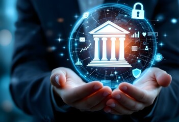 Poster - Modern digital banking and fintech concept with glowing bank hologram floating over hands. Financial technology innovation in blue tones. Future of banking services with copy space