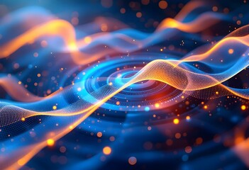 Poster - Abstract glowing waves with vibrant orange and blue particles floating in dark space. Digital technology background with luminous flowing lines. Modern design for tech concept