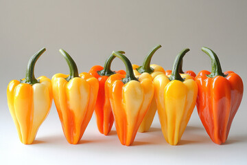 Wall Mural - Group of green and orange peppers in vibrant colors, arranged together against a rustic wooden background.