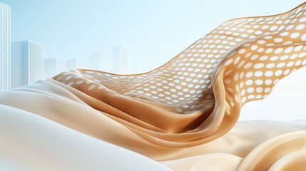 Poster - Whimsical mocha mousse patterned scarf dancing in the breeze serene studio textile art calm atmosphere close-up perspective