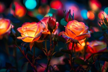 Poster - Beautiful glowing roses blooming in a magical night garden with colorful bokeh lights