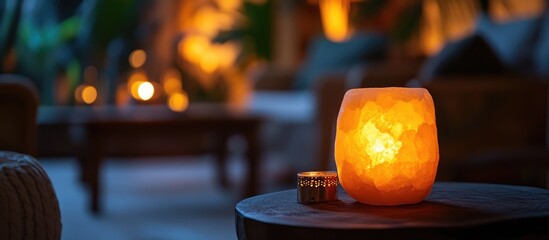 Sticker - Warm glow of a Himalayan salt lamp on a wooden table in a cozy dimly lit room creating a serene nighttime ambiance