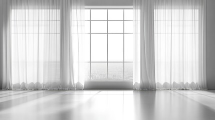 Poster - Panoramic window with sheer white curtains enhancing light in a modern minimalist apartment interior design