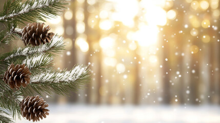 Wall Mural - winter forest sunset illuminating snow-draped pine branch, pine cones glistening against soft golden