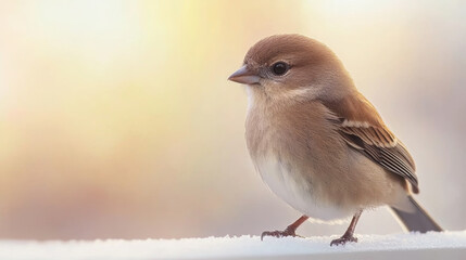 Wall Mural - small bird standing on a snowy surface with blurred background of frosty trees and soft winter dayli