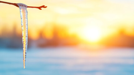 Wall Mural - Sharp icicle hanging from a branch with blurred snowy background and golden hour light during sunset in winter