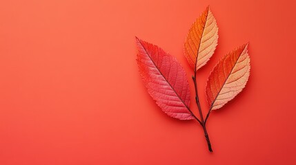 Wall Mural - Rowan tree leaves in vibrant autumn colors against a bold orange background showcasing seasonal beauty and tranquility with ample copy space.