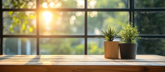 Sticker - Cozy rustic desk with potted plants and a warm, blurred window background at sunset creating an inviting atmosphere for work or relaxation