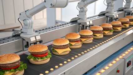 Poster - robotic arms assembling burgers with buns, meat, cheese, lettuce, and tomato on a conveyor belt in a