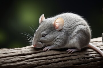 there is a small mouse sitting on a log with its head on the log