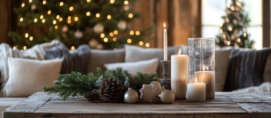 Sticker - Rustic Christmas setting with stylish decorations cozy ambiance candles and pinecones for festive holiday celebrations