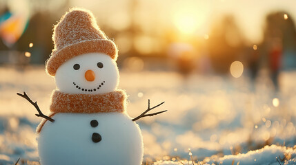 Wall Mural - cheerful snowman wearing winter accessories standing near sunset amid kite-flying silhouettes in sno