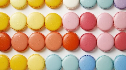 Canvas Print - Assorted colorful macaroon cookies arranged in neat rows creating a vibrant and inviting dessert display for culinary and bakery themes