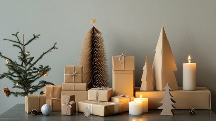 Canvas Print - Scandinavian style Christmas decor featuring crafted gift boxes candles and minimalist paper decorations for a cozy festive atmosphere