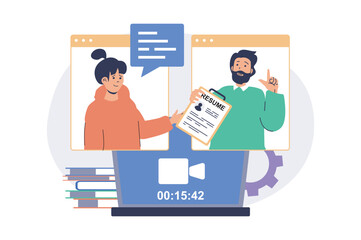 Poster - Online job interview web concept with flat cartoon people for website design. Man and woman talking at candidate interview by video call, HR agent searching employees to staff. Vector illustration.