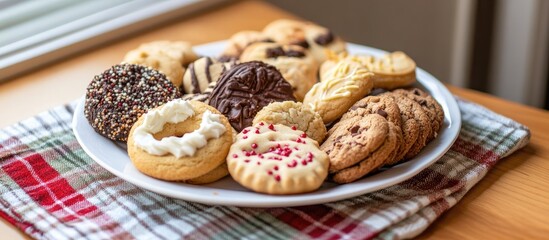 Poster - Assorted cookies on a white plate displayed on a plaid placemat near a window for a cozy and inviting atmosphere