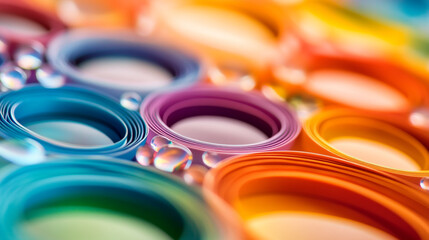 Poster - Colorful loops of spiraled paper stacked together with water droplets. 