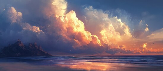 Wall Mural - Serene sunset over the ocean with vibrant clouds reflecting warm colors in the sky creating a picturesque coastal landscape