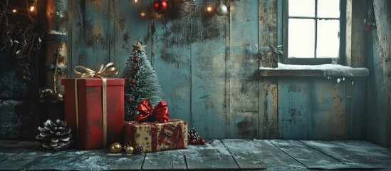 Canvas Print - Rustic holiday scene with Christmas gifts decorated with ornaments and pine cones on a wooden backdrop for festive celebrations