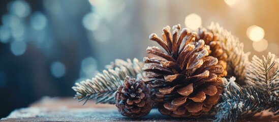 Canvas Print - Rustic pinecones adorned with frosted greenery creating a warm atmospheric background for seasonal decoration and design purposes