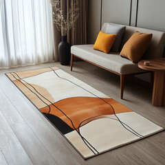 Wall Mural - modern abstract rug with warm tones and geometric patterns enhances cozy living space. design features soft curves and lines, creating stylish focal point