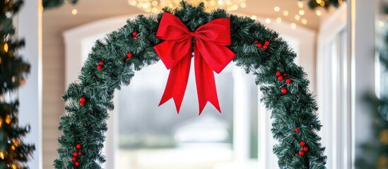 Canvas Print - Festive holiday garland archway adorned with vibrant red bow and decorative elements creating a warm welcoming atmosphere for celebrations