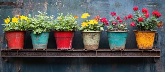 Canvas Print - Vibrant potted plants in colorful containers on a rustic metal rack adding a natural touch to urban decor setting