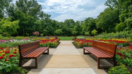 Poster - Wooden benches in a beautifully landscaped garden surrounded by vibrant flower beds and lush greenery under a serene cloudy sky.