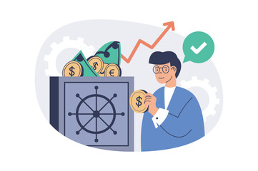 Poster - Saving money web concept with flat cartoon people for website design. Man collecting coins and cash, keeping personal finance at bank safe, getting profit and earning wealth. Vector illustration.