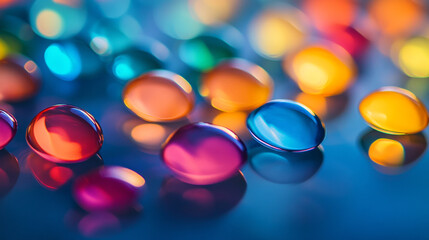 Poster - Colorful water droplets arranged artistically on a reflective surface. 