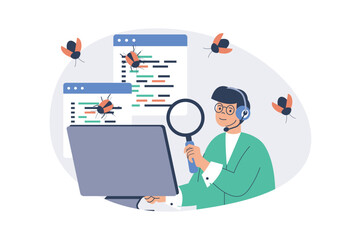 Aufkleber - Software testing web concept with flat cartoon people for website design. Man with magnifier looking bugs and errors, finding mistakes in program code, fixing and debugging code. Vector illustration.