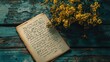 © kvladimirv - Vintage Manuscript with Yellow Flowers on Rustic Wooden Table Nostalgic Literature and Floral Charm