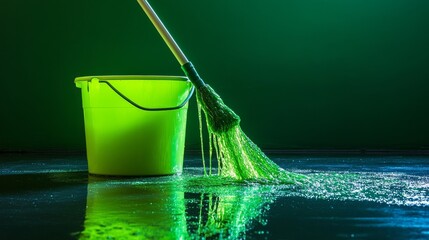 Sticker - A bright green mop bucket spills liquid onto a shiny floor with a mop leaning against it, illuminated by dramatic lighting