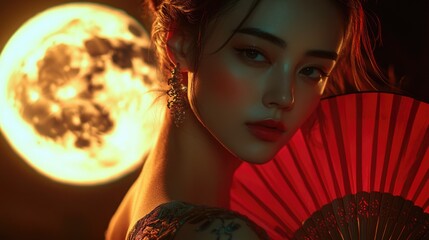 Wall Mural - Woman with Red Fan Under Full Moon