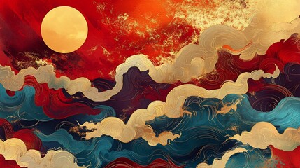 Poster - Abstract vibrant sunset sky with clouds and waves.