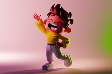 Poster - A joyful 3D cartoon boy laughs with his arm raised, radiating happiness and energy.