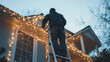 © david - A man on a ladder is putting up Christmas lights on the eaves of a house. Festive holiday decoration generative AI