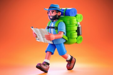 Poster - A cheerful cartoon hiker with a backpack consults a map during his journey.