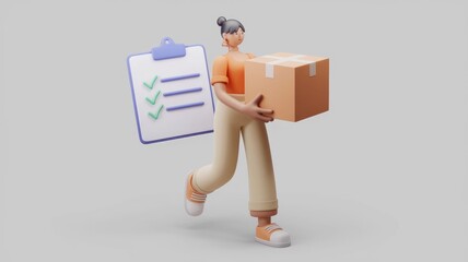 Poster - 3D render of a woman carrying a package, checklist complete.