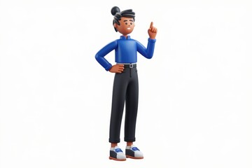 Aufkleber - A 3D cartoon character, a young person with dark hair, wearing a blue shirt and black pants, points upward with one finger, suggesting an idea or inspiration.