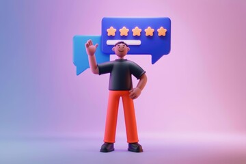 Poster - 3D cartoon character happily receiving five-star feedback in a chat bubble.