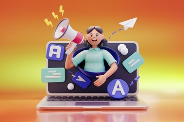 Poster - 3D illustration of a girl emerging from a laptop screen, holding a megaphone, symbolizing online communication and marketing.