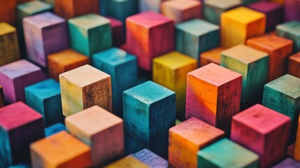 Poster - An engaging block-building scene on a sunny day, Colorful blocks meticulously arranged, Contemporary artistic style