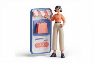 Poster - 3D illustration of a woman pointing to a shopping bag on a phone screen, promoting online shopping.