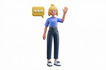 Poster - 3D cartoon girl waving hello with a speech bubble, friendly communication.
